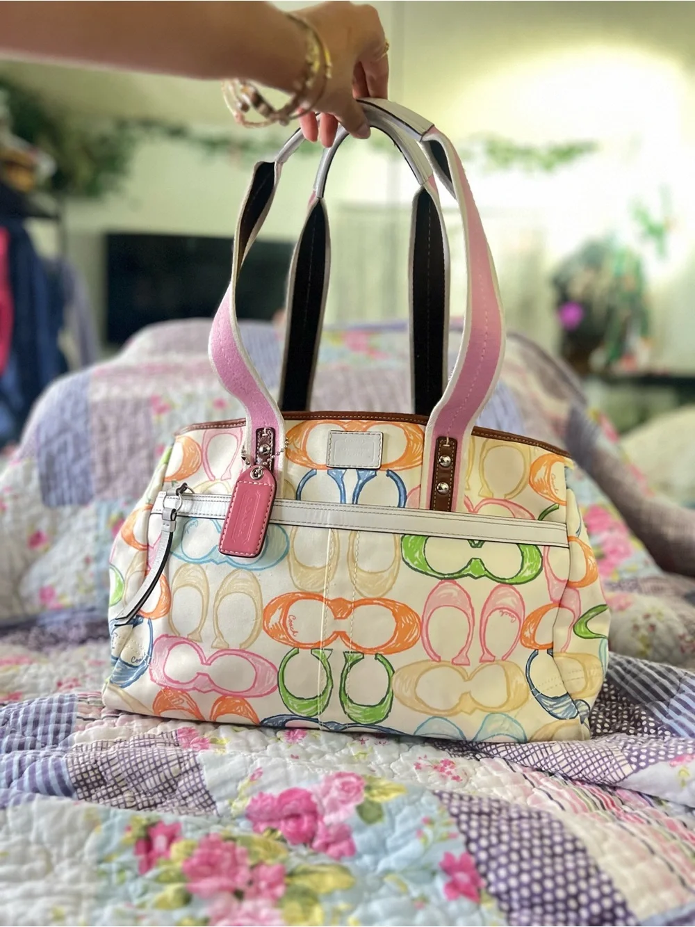 Coach Multicolor Signature Tote with Pink Handles